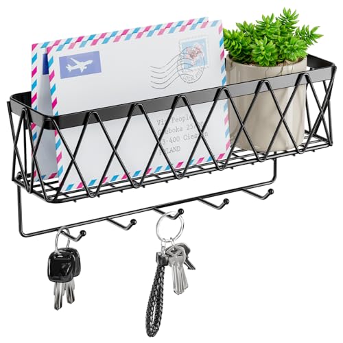 Key Holder Wall Mount Adhesive- Key and Mail Holder for Wall with 5 Hooks, Wall Mounted Mail Organizer and Key Rack, Modern Basket Key Hanger for Entryway, Home, Living Room Wall Decor, Black