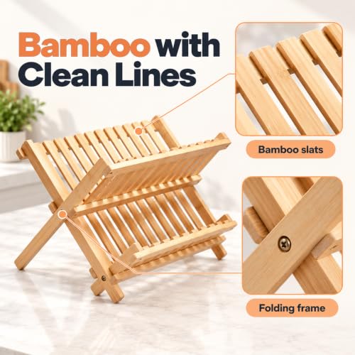 Bamboo Dish Drying Rack - Foldable Dish Rack for Kitchen - Collapsible & Compact Wooden Plate Holder - Eco-Friendly & Functional Wood Dryer Rack for Plates - Space-Saving Storage Organizer - view 6