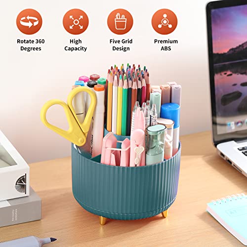 Desk Pencil Pen Holder, 5 Slots 360°Degree Rotating Pen Organizers for Desk, Desktop Storage Stationery Supplies Organizer, Cute Pencil Cup Pot for Office, School, Home, Art Supply, Dark Green - view 2