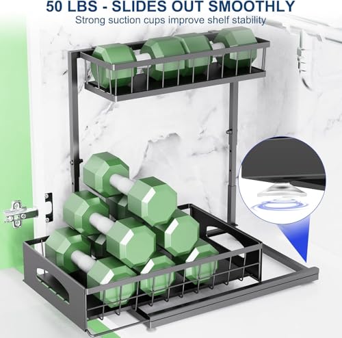Under Sink Organizer, 2 Pack Height-Adjustable Cabinet Organizer with Slide-Out Bottom Drawer, Fits Around Pipes, Heavy-Duty Metal Storage for Kitchen and Bathroom, Black (Black, 2 Pack) - view 5