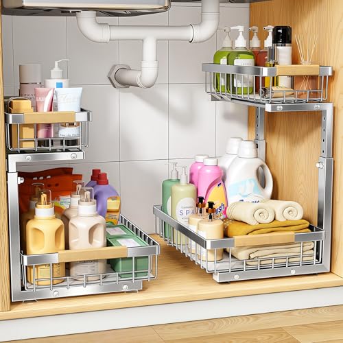 Under Sink Organizer, Adjustable Height, 2 Tier Pull Out Cabinet Organizer, Slide Out Thickened Metal Storage for Kitchen Bathroom Laundry Pantry Cabinet, Stainless Steel, Silver, Large-2-Pack