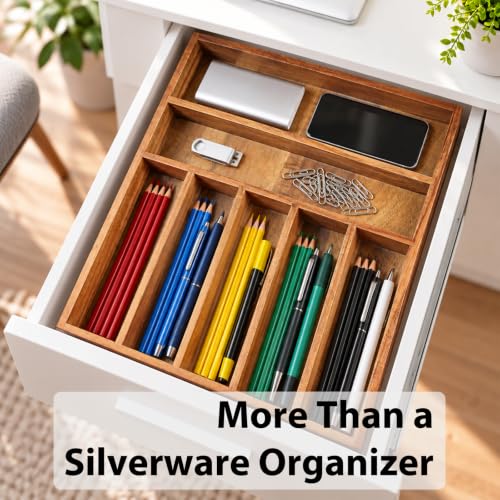 Acacia Wood Silverware Organizer Tray for Drawer, 7 Compartments - view 6