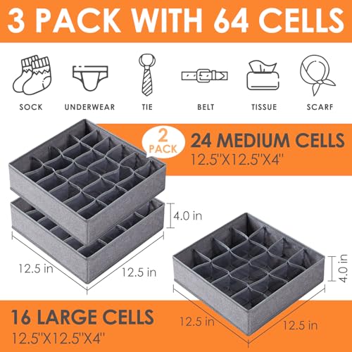 3 Pack Sock Underwear Drawer Organizer Dividers, 64 Cell Fabric Foldable Dresser Organizer for Closet Organizers and Storage Boxes for Organizing Socks, Underwear, Ties (16+24+24 Cell, Gray) - view 2