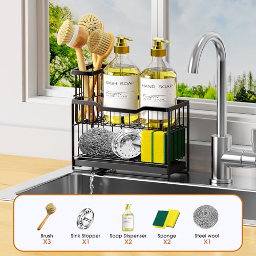 2-Tier Kitchen Sink Caddy, Rustproof Sponge Holder, Black - view 7