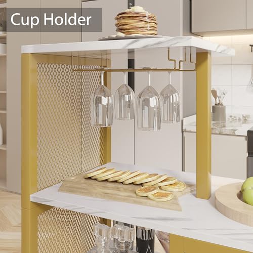 Bar Table and Chairs Set for 2, Tall Kitchen Counter Dining with Storage Shelves, Cup Holder & Wine Rack, PU Leather Cushion Stools - Small Space Solution, Gold - view 4