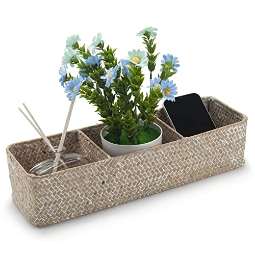 Seagrass Storage Basket 3 Sections Woven Shelf Baskets with Compartment (Whitewash, 14.6inch x 4.7inch x 3.1inch) - view 2