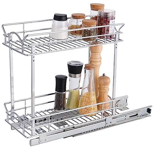 Slide Out Cabinet Organizer for Narrow Cabinet (7" W X 17" D), 2 Tier Pull Out Shelves Slim Sliding Cabinet Organizer and Storage, Chrome