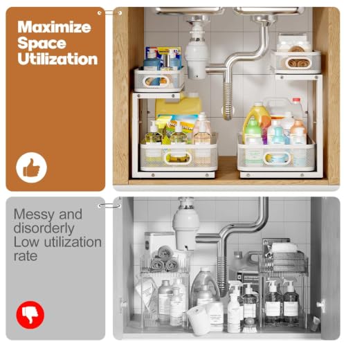 2 Pack Under Sink Organizer With Smooth Cylindrical Rail,2-Tier Pull Out Multi-Purpose Cabinet Storage for Bathroom&Kitchen,Height Adjustable,Rust-resistant Coating-White - view 5