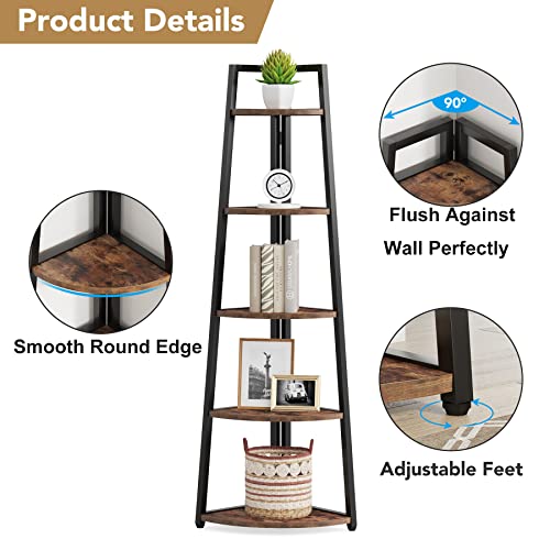 5 Tier Corner Bookshelf and Bookcase, 70 inch Tall Corner Shelves Standing Shelving Unit Indoor Plant Stand for Living Room, Kitchen, Home Office (Brown) - view 7