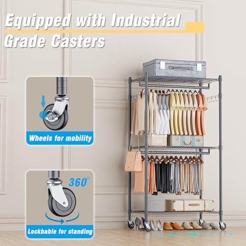 Narrow Rolling Garment Rack with Double Rods and 3 Adjustable Shelves, Compact Portable Closet Organizer for Bedroom, Dorm, Laundry Room, 23.62" W x 16.54" D x 80.71" H, Gray - view 4