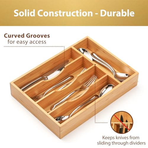 Bamboo Kitchen Drawer Organizer, 9 Inch Silverware Utensils Tray Holder for Small Drawer, Wood Caddy for Flatware Cutlery Knives - view 3