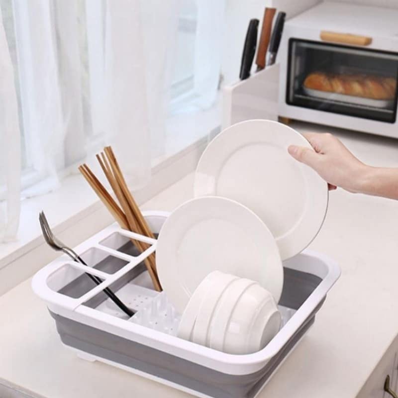 Collapsible Dish Drying Rack - Popup for Easy Storage, Drain Water Directly into The Sink, Room for Eight Large Plates, Sectional Cutlery and Utensil Compartment, Compact (Blue) - view 6