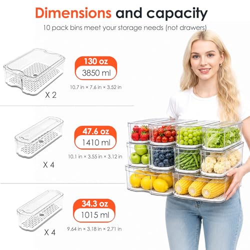 10 Pack Clear Fridge Organizer Bins with Drain Trays - Stackable - view 6