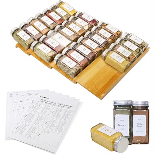 Spice Drawer Organizer with 28 Spice Jars and 216 Labels,Non-slip Rubber, Bamboo 4 Tier Spice Racks Tray Seasoning Containers for Kitchen Drawers,Cabinets,Countertops,13" Wide * 15.8" Deep