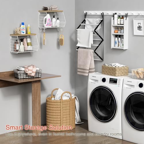 White Fruit Storage Basket for Kitchen Counter Set of 2, Wall Mount Wire Fruit Basket with Shelf with Banana Hanger, Hanging Countertop Organizer for Bathroom Pantry Cabinet, White + Natural - view 5