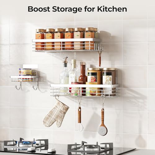Adhesive Shower Caddy Soap Dish Holder Shelf with 5 Hooks Bathroom Organizer Basket Kitchen Storage Rack Wall Mounted No Drilling Stainless Steel - 3 Pack,Silver - view 6