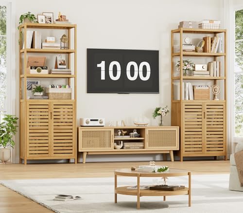 6-Tier Bamboo Book Shelves with 2 Door, Tall Bathroom Storage Cabinet - view 2