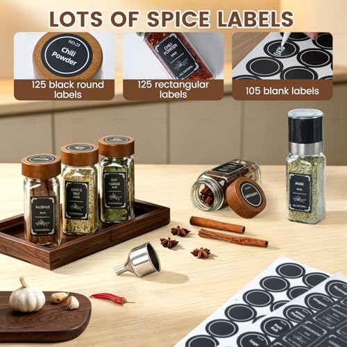2 Pack Spice Rack with 24 Spice Jars, 4OZ Wood Lid Spice Containers with Expandable Spice Organizer Shelf, Spice Labels, Pepper Grinder Lids, Chalk Marker & Funnel Set for Drawer Kitchen Countertop - view 5
