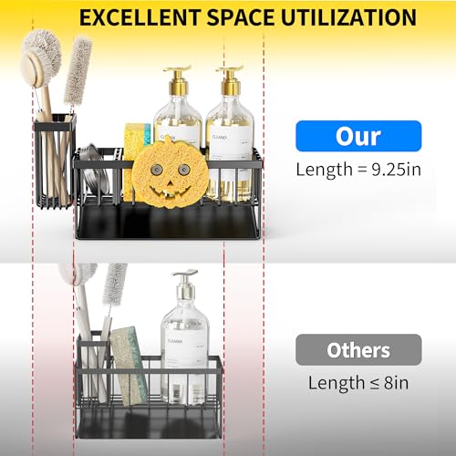 Kitchen Sink Caddy Organzier with High Brush Holder, Sponge Holder for Sink, 304 Rustproof Stainless, Kitchen Countertop Soap Dispenser Organizer (Black With Smiley Face Holder, 9.25″) - view 5