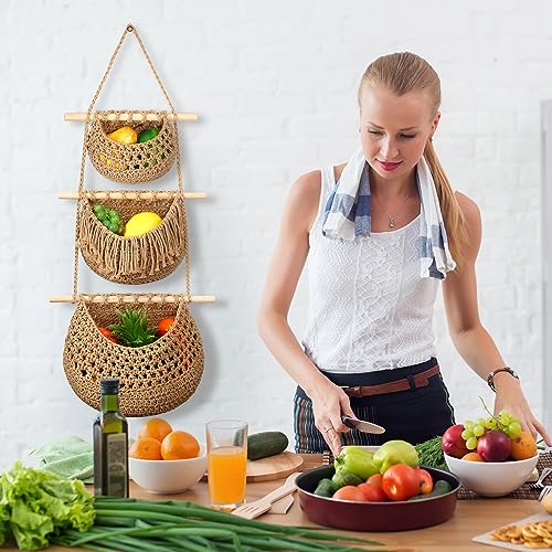 4 Pcs Small Hanging Fruit Baskets for Kitchen, Compact Boho Wall Organizer with 1 Three Tier Basket and 3 Teardrop Baskets with Hooks, Cotton Rope Storage for Garlic Onion Small Fruits(Brown) - view 6