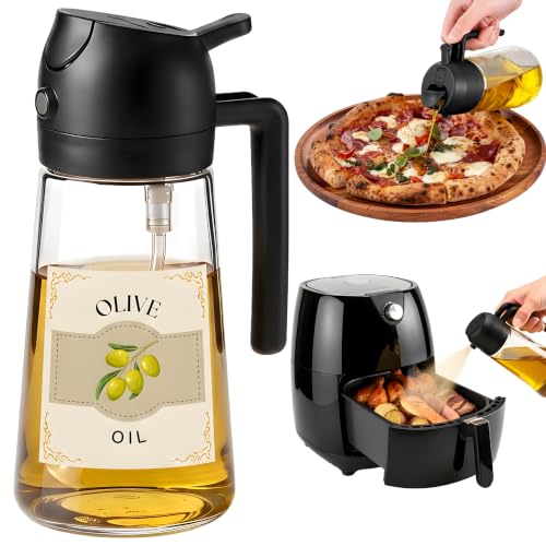 Glass Olive Oil Sprayer for Cooking 16oz/470ml – Transparent 2-in-1 Glass Oil Sprayer & Dispenser with 9 Labeled Stickers, Kitchen Gadgets & Air Fryer Accessories, Olive Oil Dispenser – Black