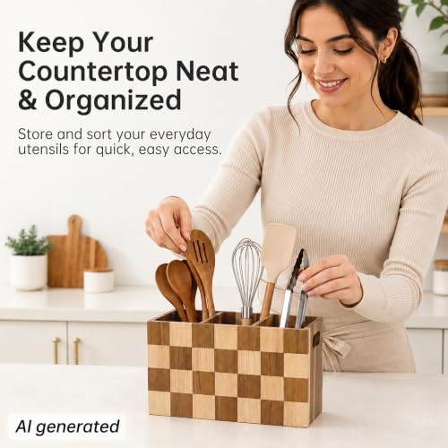 Kitchen Utensil Holder, 3 Compartment Large Wooden Utensil Organizer - view 6