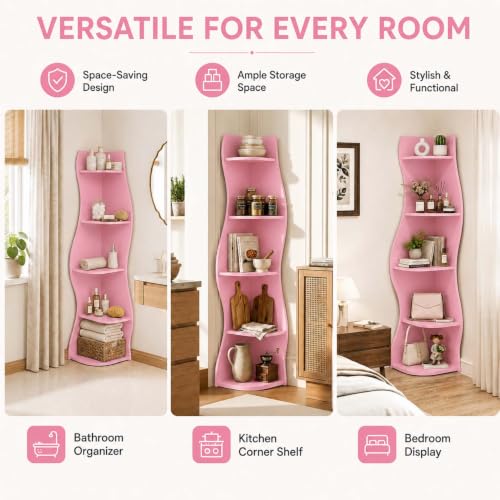 5-Tier Wavy Corner Shelf with Curvy Shape for Small Space, Pink - view 7