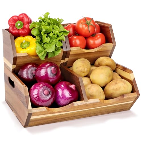 Acacia Wood Pantry Storage Bins, Stackable 3-piece set