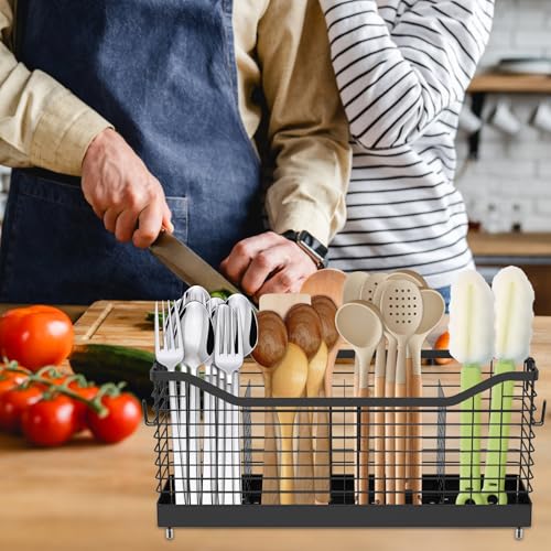 Metal Extra Large Utensil Holder for Kitchen Counter, 4-Compartment Utensil Drying Rack Cooking Utensil Holder Organizer Cutlery Spatula Fork Drainage Storage for Countertop Sink,15.8" x 4.4" x 7.4" - view 2