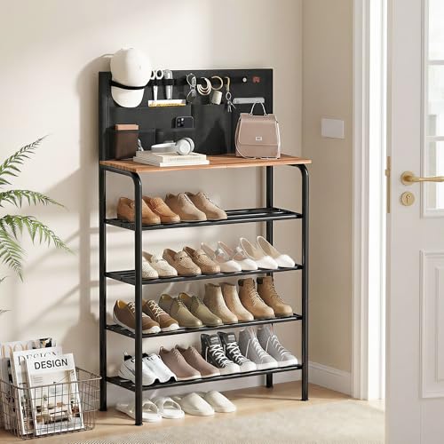 5 Tier Shoe Rack for Entryway, Metal Shoe Shelf with Storage Pocket and MDF Top Board, 16-20 Pairs Free Standing Shoes Organizer for Closet, Black - view 2