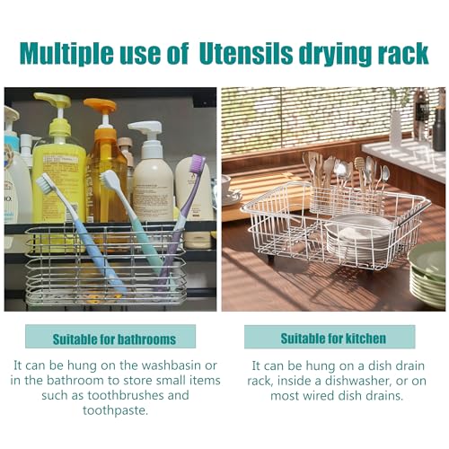 304 Stainless Steel Utensil Holder, Dish Drying Rack, kitchen Utensil Organizer, Knife and Fork Drainage Rack, Kitchen Drainage Basket Accessories, With Hooks, Rust Proof, Color-Silver - view 5