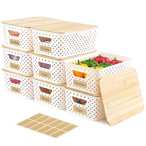 8 Pack Plastic Storage Bins with Bamboo Lids - Stackable Storage Baskets with Handle for Pantry Organizer and Storage, Plastic Containers Bins Lidded Storage Bins for Classroom Office Shelves