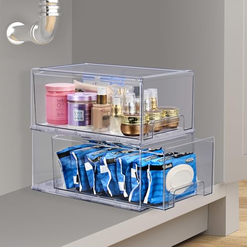 Large Clear Stackable Storage Drawers, Plastic Storage Drawers with Handles, Craft, Clothes, Medicine, Makeup, Closet, Art Supply, Bathroom, Shoe, Toy Storage Organizer (2 Pack)