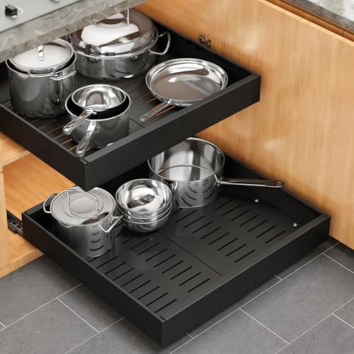 Pull out Cabinet Organizer, 2 pack, 16.5" Deep Heavy Slide out Drawers, Upgraded Full Extension 3-Rail System, Expandable 12.8"-20.8" Roll out Shelf Storage for Kitchen Cabinet Organization