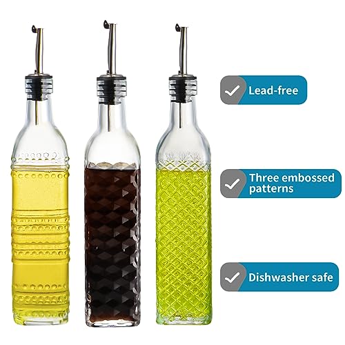Oil and Vinegar Dispenser Set, 17oz Clear Glass Olive Oil Bottles, Kitchen Vinegar Decanters with 3 Spouts, 3 Plugs, 1 Funnel, Pack of 3 (Square) - view 3
