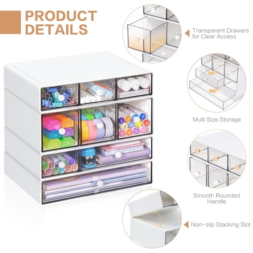 Desk Storage Organizer with 9 Drawers, 4 Tiers Stackable Desktop Craft Storage Drawers, Clear Storage Box Caddy for Stationary Makeup Jewelry Office Craft Supplies (White) - view 4