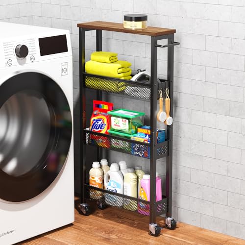 Utility Slim Storage Cart on Wheels, 4 Tier Laundry Room Organizers