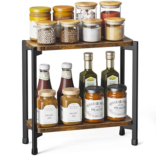 2 Tier Spice Rack Organizer for Kitchen Countertop, Wood and Metal Seasoning Shelf, Space-Saving Spice Organizer for Kitchen Counter, Coffee Bar and Dining Table, Brown
