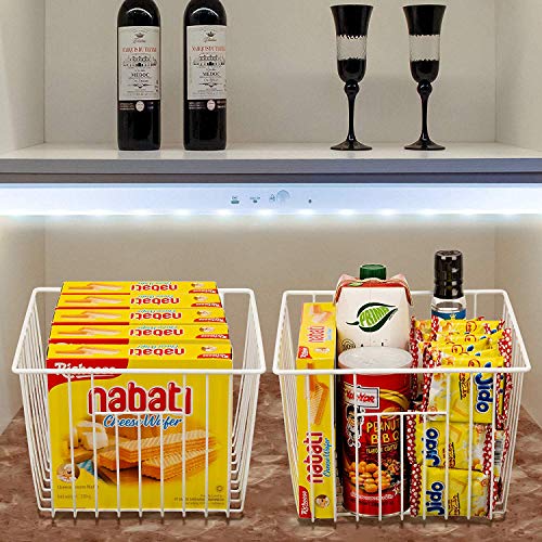 Deep Refrigerator Freezer Baskets, Large Household Wire Storage Basket Bins Organizer with Handles for Kitchen, Pantry, Freezer, Cabinet, Closets, Pearl White, Set of 2 - view 2