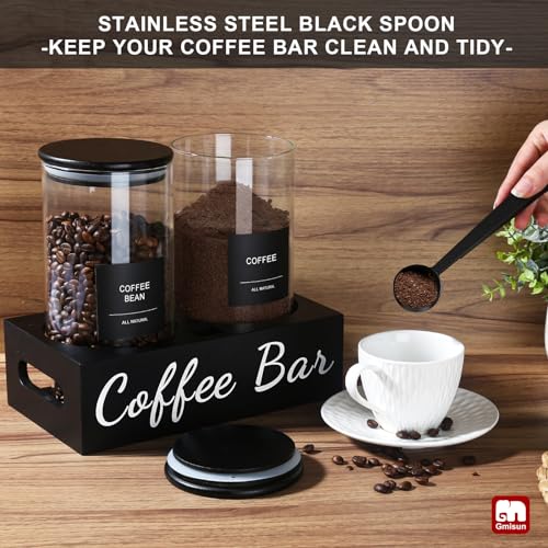 Coffee Container, 2 Pcs 50 Fl oz Airtight Bean Storage Canister, Black Glass Ground Coffee and Sugar Jar Set with Scoop/Shelf/Labels, Sugar/Tea Holder Containers for Cafe Bar Countertop - view 5