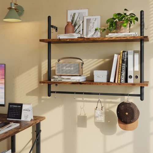 31" Industrial Pipe Wall Shelf with Towel Bar, Rustic Brown - view 6