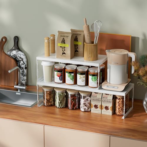 Adjustable Stackable Metal Storage Shelf Organizer - Expandable Wire Rack with Perforations for Kitchen, Pantry, Bathroom, Cabinet & Office-Compact, Durable & Sturdy (2PACKS/Large/White) - view 2
