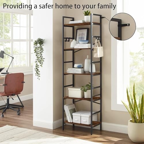 5 Tier Bookshelf, 5 Tier Bookshelves, Home Office Bookcase Shelf Storage Organizer, Industrial Narrow Bookcase, Display Standing Shelf Units, Metal Frame Display Rack with 4 Hooks Rustic Brown - view 2