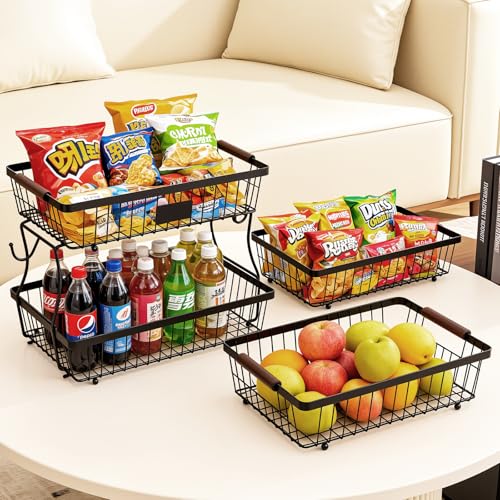 2-Tier Stackable Wire Basket with 2 Banana Hooks, Pantry Organizer for Kitchen Countertops, Cabinets & Under-Sink Spaces; Ideal for Storing Snacks, Fruits, Veggies, Onions, Potatoes, & More,Black - view 4