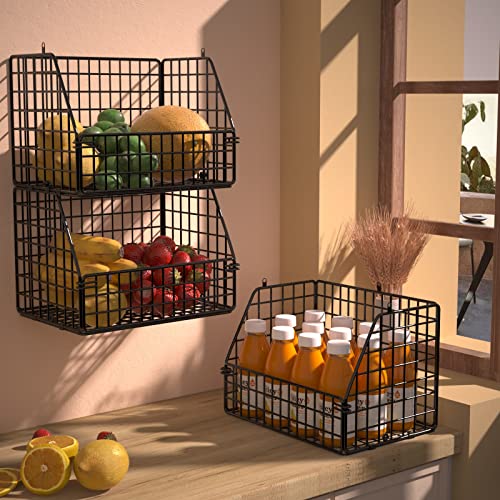 Stackable Wire Storage Baskets for Kitchen Closet Pantry, Hanging Closet Organizers Storage Shelves Organization, Wall Mount Metal Basket Bins, Clothing Vegetable & Fruit Organizer 3 pcs - view 3