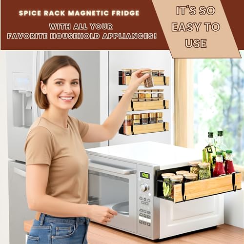 (4 Pack) Magnetic Spice Storage Rack Organizer for Refrigerator and Oven, Real Bamboo, 4 Strong Magnetic Shelf, Black Fridge Storage, Spice Rack Organizer, high quality metal - view 5