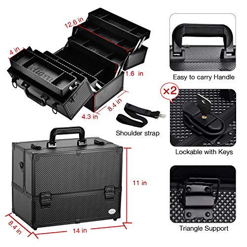 Makeup Train Case Professional Adjustable - 6 Trays Cosmetic Cases Makeup Storage Organizer Box with Lock and Compartments 14 Inch Large Black - view 6
