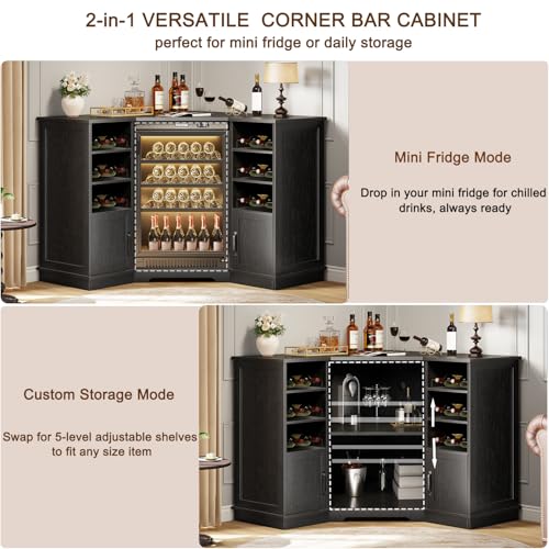 L Shaped Corner Bar Cabinet with Fridge Space, Wine Storage, Black, 40” - view 5