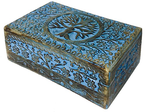 Hand-Carved Wooden Box - Decorative Treasure Chest Box – Tree of Life Pattern - Exquisite Storage Solution – Ideal for Jewellery, Watches, Others - Brown, 8X5 Inch