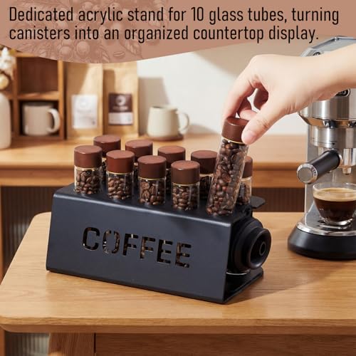 Single Dose Coffee Bean Storage Kit 10 Glass Test Tubes(2 Oz) with Acrylic Stand and Funnel Airtight Espresso Dosing Tubes Coffee Organizer for Countertop Home Barista Essentials - view 5